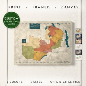 Zambia Map Print, Personalized Zambia Wall Art for Canvas or Poster, Detailed Map with Cities, Heritage Gift, Framed, Canvas or Digital