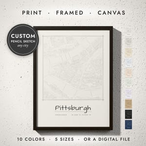 Pencil Sketch City Map print in a black frame on a white wall — print, framed, canvas or digital file, 10 colors, 5 sizes