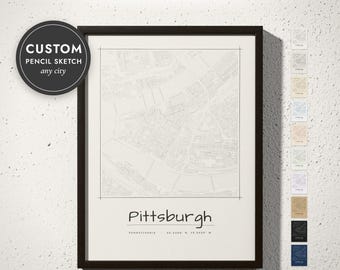 Custom Pencil Sketch City Map Print, Hand Drawn Style Street Map, Architect Gift, Black and White Map Art, Any City, Framed or Canvas Print