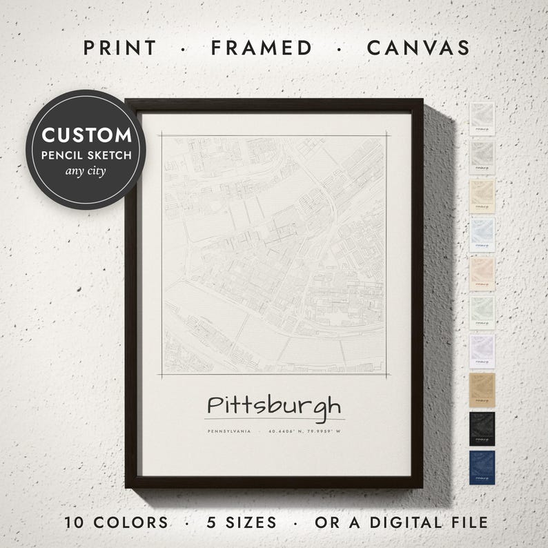 Pencil Sketch City Map print in a black frame on a white wall — print, framed, canvas or digital file, 10 colors, 5 sizes