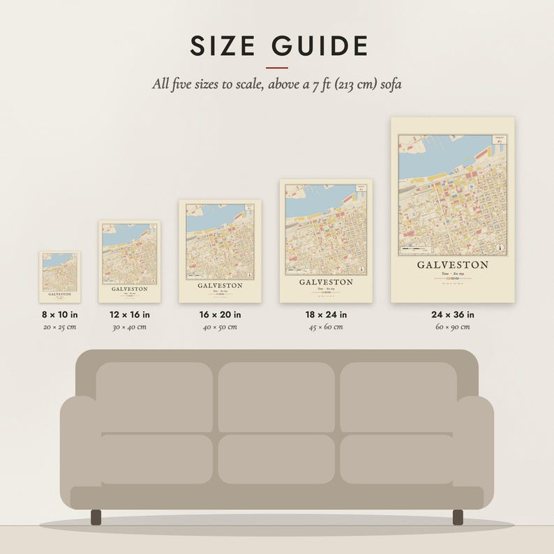 Size guide: 8×10, 12×16, 16×20, 18×24, 24×36 inch prints shown to scale above a sofa