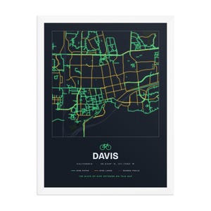 Real product photo: the Custom Bike Map Print in the white wood frame with a clear acrylic front