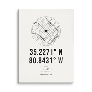 Real product photo: the Custom Coordinates Print on 1.25 in (3.2 cm) deep canvas, seen from the side