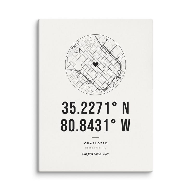 Real product photo: the Custom Coordinates Print on 1.25 in (3.2 cm) deep canvas, seen from the side