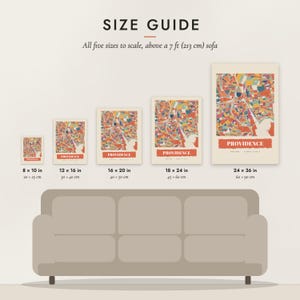 Size guide: 8×10, 12×16, 16×20, 18×24, 24×36 inch prints shown to scale above a sofa