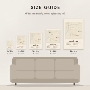 Size guide: 8×10, 12×16, 16×20, 18×24, 24×36 inch prints shown to scale above a sofa