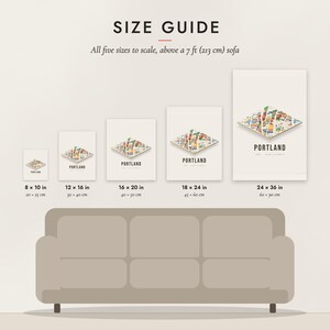 Size guide: 8×10, 12×16, 16×20, 18×24, 24×36 inch prints shown to scale above a sofa