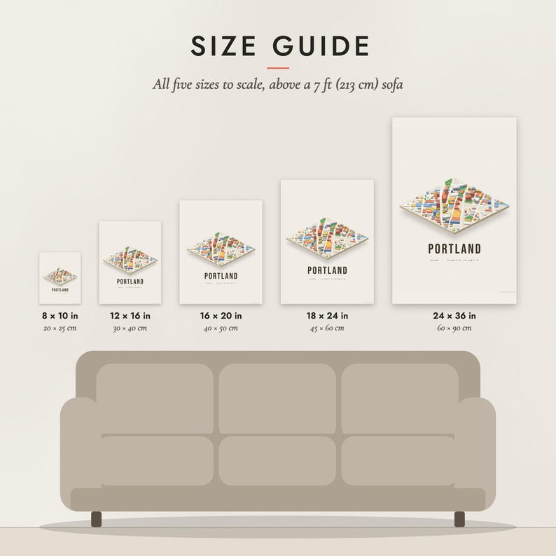 Size guide: 8×10, 12×16, 16×20, 18×24, 24×36 inch prints shown to scale above a sofa