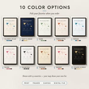 The Places We've Been Map in all 10 color options, numbered 1 to 10 with their names