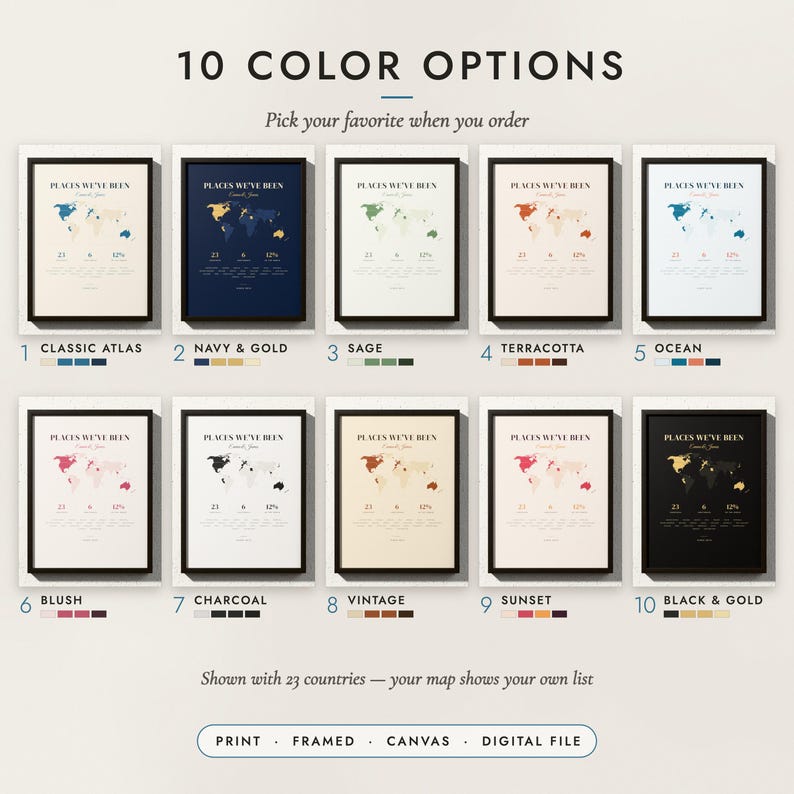 The Places We've Been Map in all 10 color options, numbered 1 to 10 with their names
