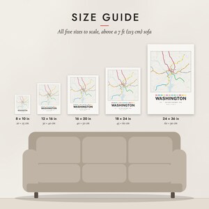 Size guide: 8×10, 12×16, 16×20, 18×24, 24×36 inch prints shown to scale above a sofa