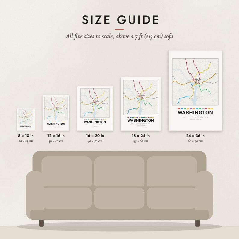 Size guide: 8×10, 12×16, 16×20, 18×24, 24×36 inch prints shown to scale above a sofa