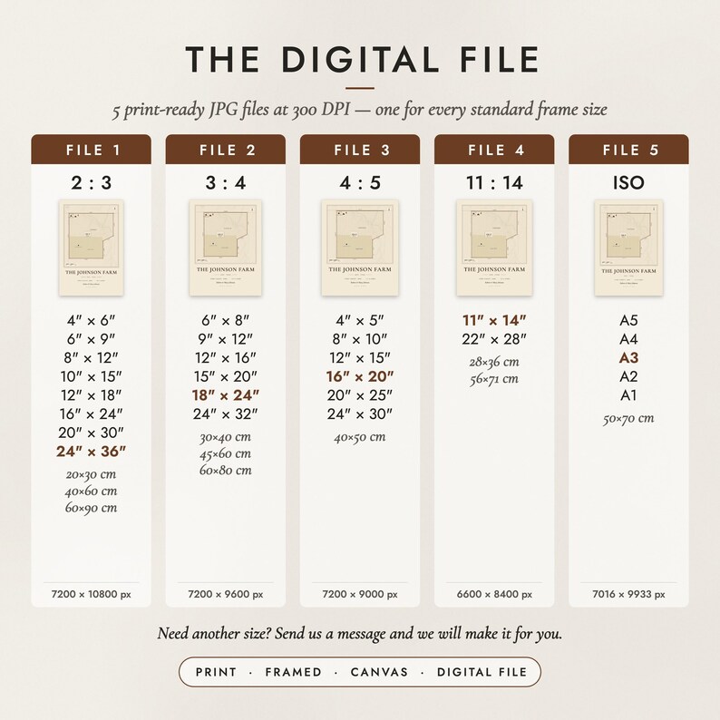 The Digital File option: five print-ready JPG files in 2:3, 3:4, 4:5, 11:14 and ISO ratios at 300 DPI