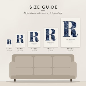 Size guide: 8×10, 12×16, 16×20, 18×24, 24×36 inch prints shown to scale above a sofa