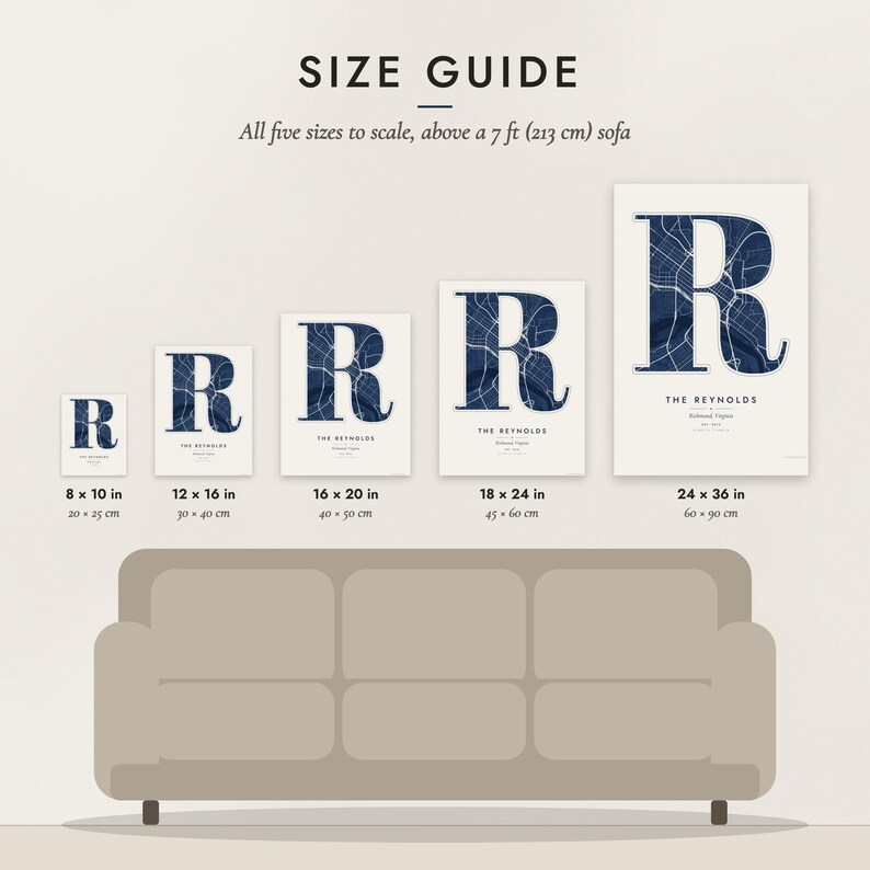 Size guide: 8×10, 12×16, 16×20, 18×24, 24×36 inch prints shown to scale above a sofa