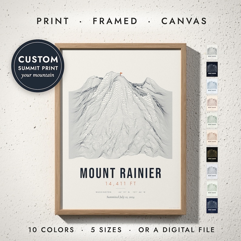 Mountain Summit Print in a natural oak frame on a white wall — print, framed, canvas or digital file, 10 colors, 5 sizes