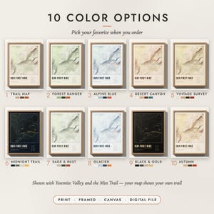The Hiking Trail Map in all 10 color options, numbered 1 to 10 with their names