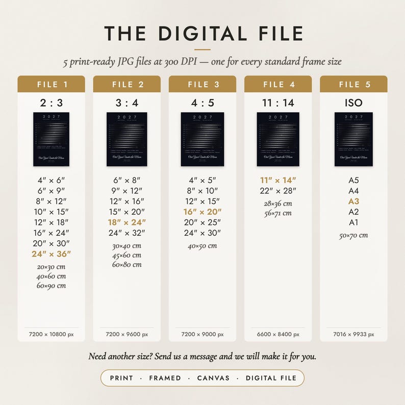 The Digital File option: five print-ready JPG files in 2:3, 3:4, 4:5, 11:14 and ISO ratios at 300 DPI