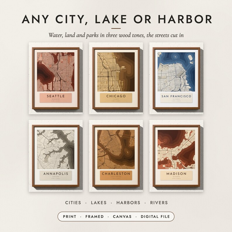 Wood Look City Map examples for six cities