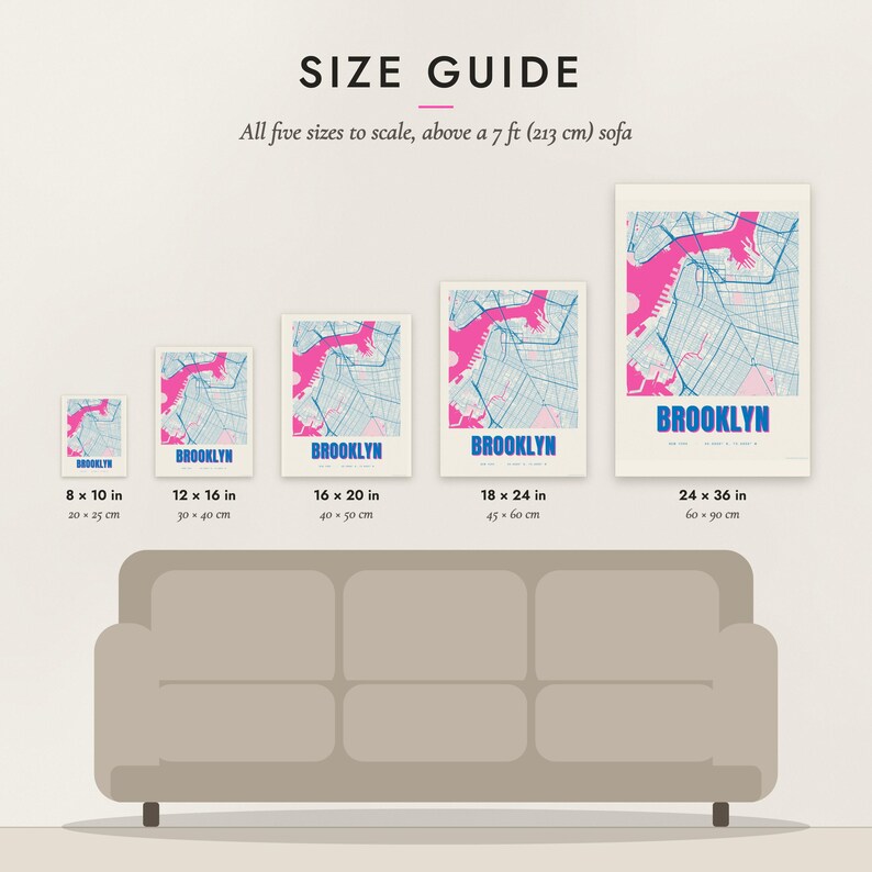 Size guide: 8×10, 12×16, 16×20, 18×24, 24×36 inch prints shown to scale above a sofa