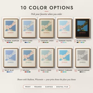 The Cross-Stitch City Map in all 10 color options, numbered 1 to 10 with their names