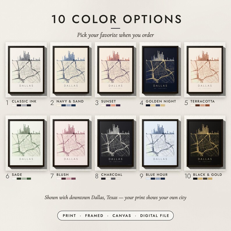 The Skyline & Street Map in all 10 color options, numbered 1 to 10 with their names