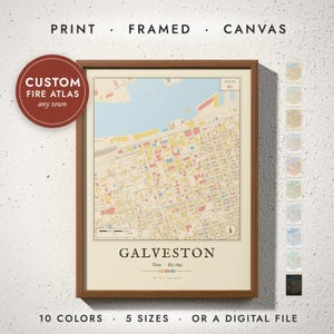 Vintage Fire Atlas Map print in a walnut frame on a white wall — print, framed, canvas or digital file, 10 colors, 5 sizes
