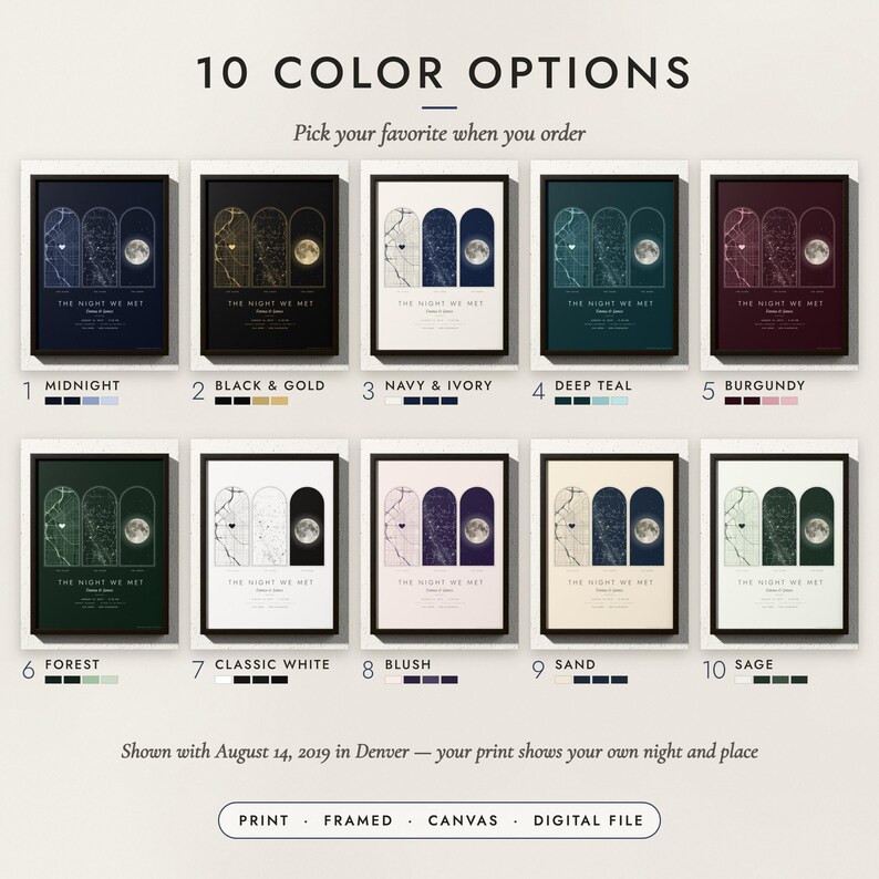 The Map, Stars & Moon Print in all 10 color options, numbered 1 to 10 with their names