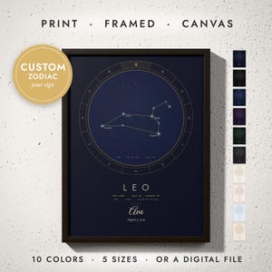 Zodiac Constellation print in a black frame on a white wall — print, framed, canvas or digital file, 10 colors, 5 sizes