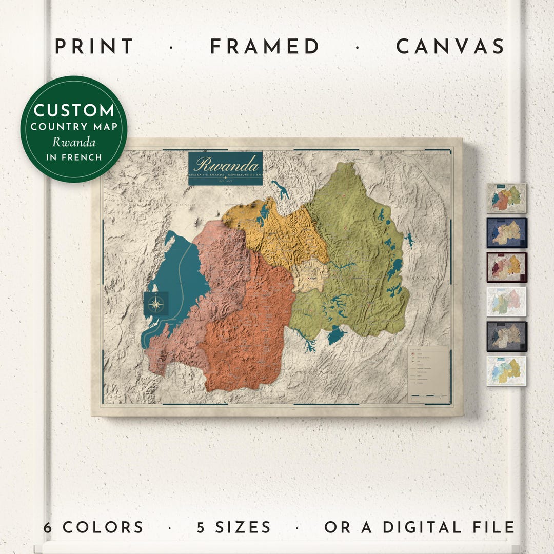 Rwanda Map Print in French, Personalized Rwanda Wall Art for Canvas or ...