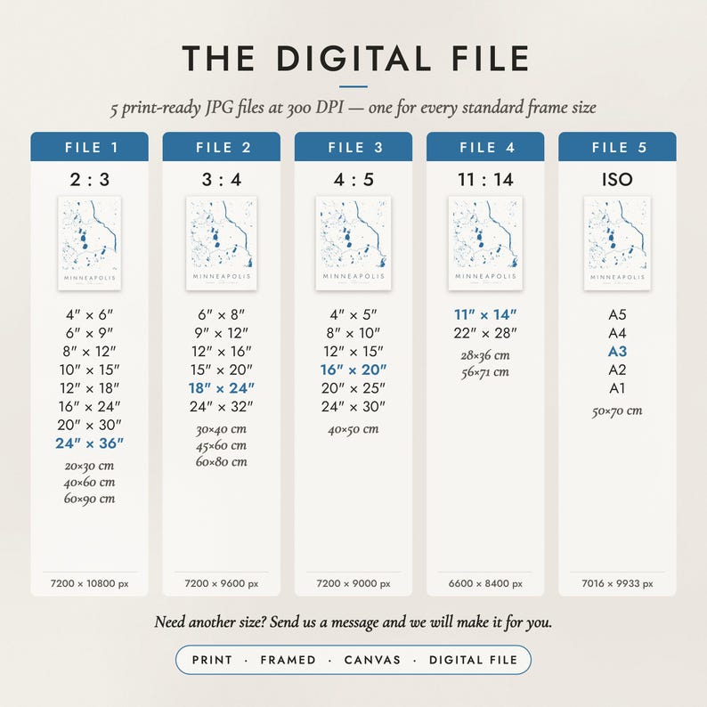 The Digital File option: five print-ready JPG files in 2:3, 3:4, 4:5, 11:14 and ISO ratios at 300 DPI