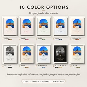 The Photo & Map Print in all 10 color options, numbered 1 to 10 with their names