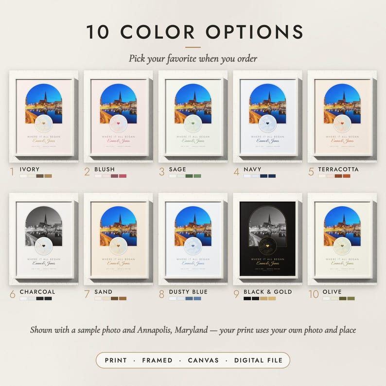 The Photo & Map Print in all 10 color options, numbered 1 to 10 with their names