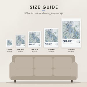 Size guide: 8×10, 12×16, 16×20, 18×24, 24×36 inch prints shown to scale above a sofa