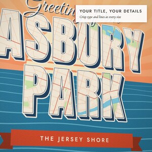 Close-up of the personalized title and details on the Greetings From Postcard Map print