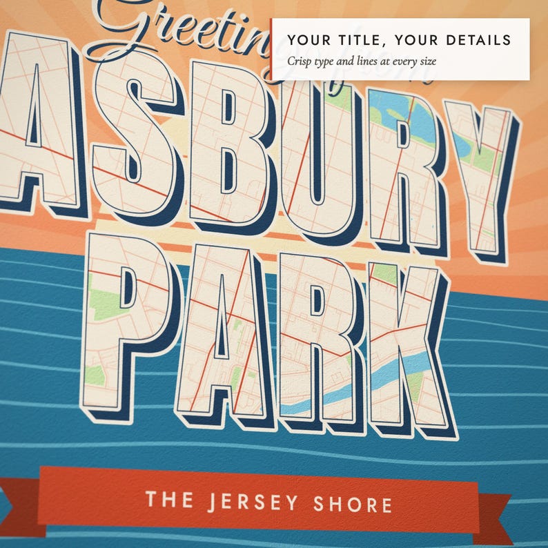 Close-up of the personalized title and details on the Greetings From Postcard Map print