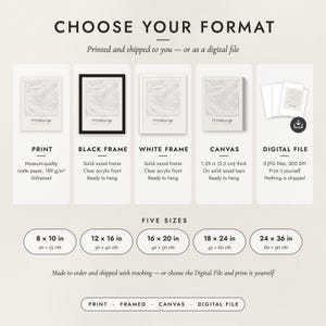 The formats to choose from: matte paper print, black frame, white frame, canvas and the digital file, with the five sizes