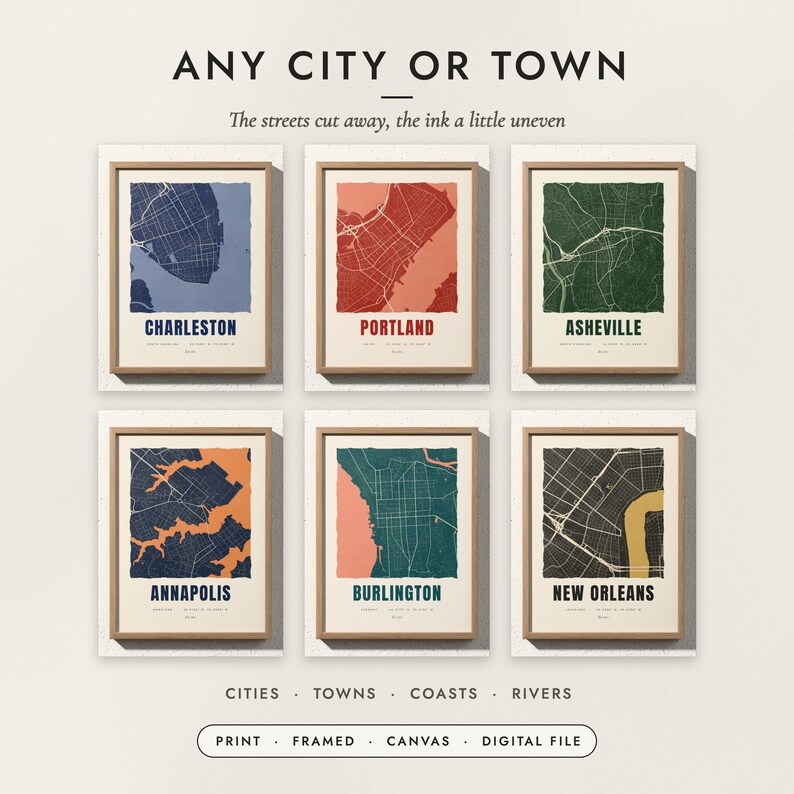 Linocut City Map examples for six towns