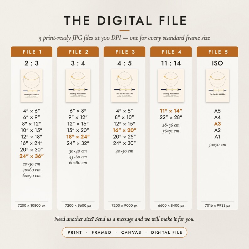 The Digital File option: five print-ready JPG files in 2:3, 3:4, 4:5, 11:14 and ISO ratios at 300 DPI