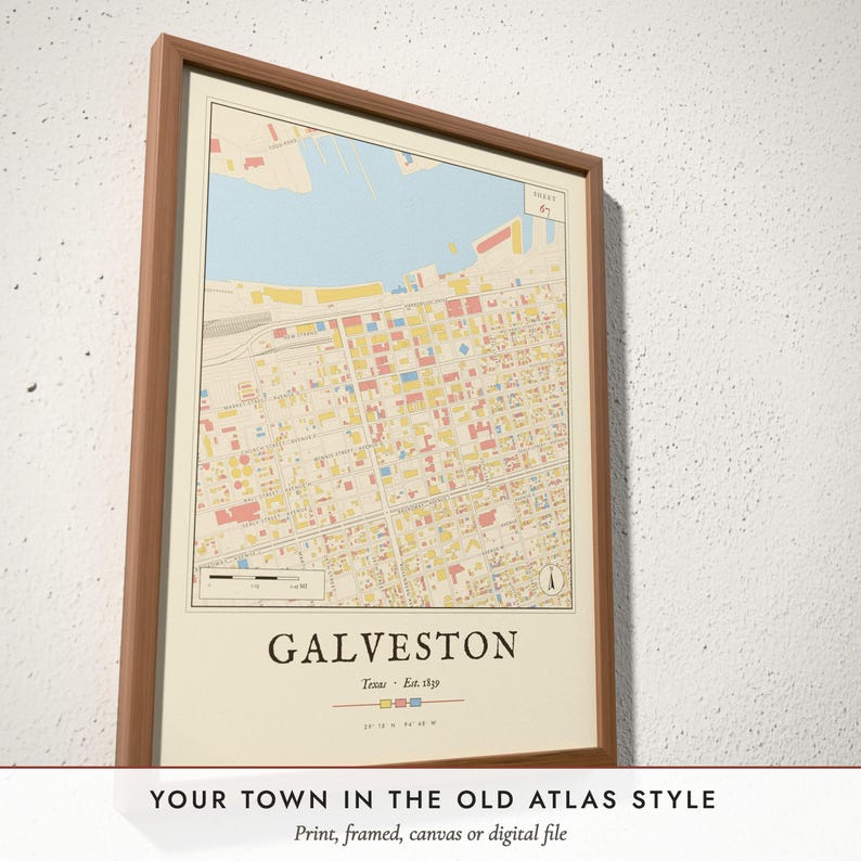Three-quarter view of the framed Vintage Fire Atlas Map poster on a white plaster wall