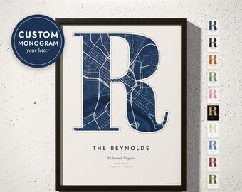 Custom Initial Map Print, Monogram Letter City Map, Personalized Family Name Sign, 10th Anniversary Gift, Housewarming, Framed or Canvas