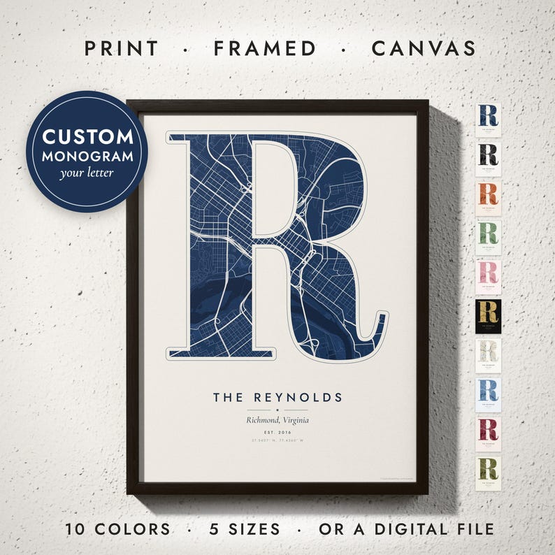Monogram Map print in a black frame on a white wall — print, framed, canvas or digital file, 10 colors, 5 sizes