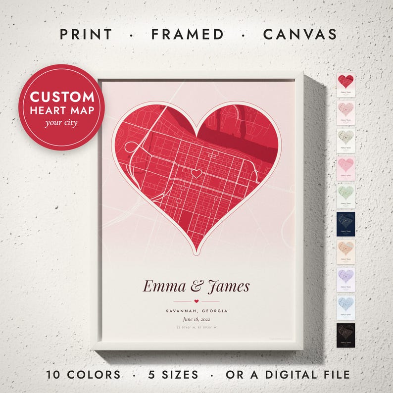 Heart City Map print in a white frame on a white wall — print, framed, canvas or digital file, 10 colors, 5 sizes