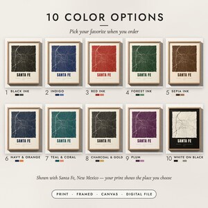 The Linocut City Map in all 10 color options, numbered 1 to 10 with their names