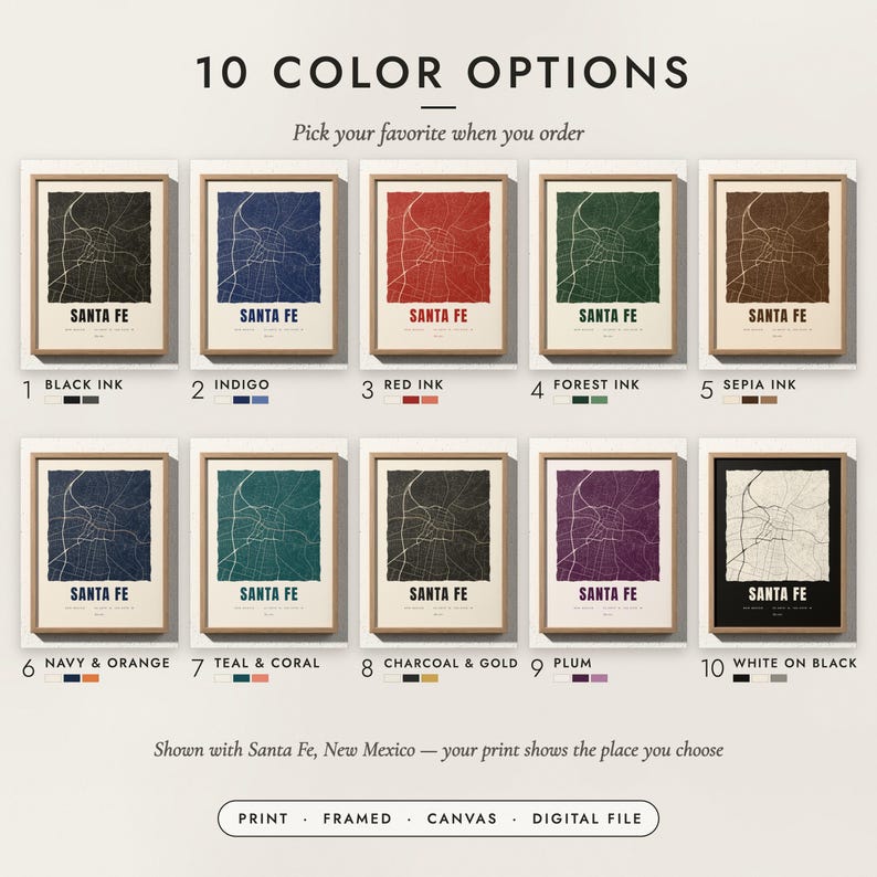 The Linocut City Map in all 10 color options, numbered 1 to 10 with their names