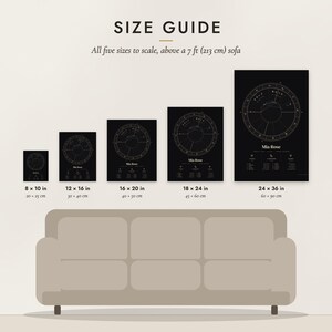 Size guide: 8×10, 12×16, 16×20, 18×24, 24×36 inch prints shown to scale above a sofa