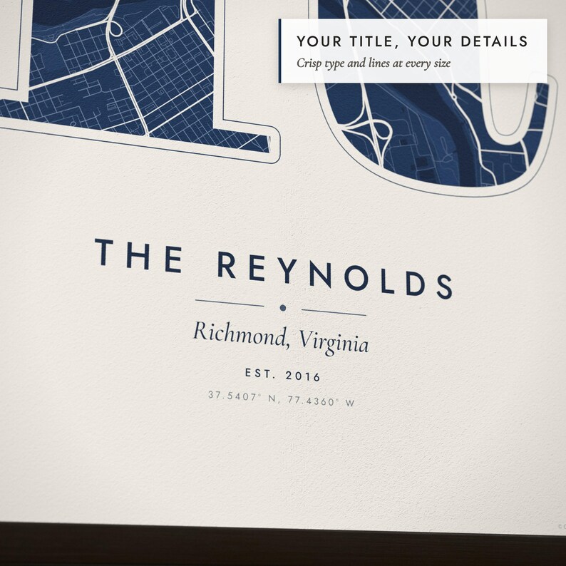 Close-up of the personalized title and details on the Monogram Map print