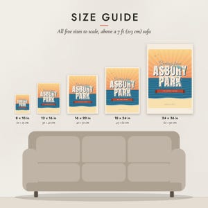 Size guide: 8×10, 12×16, 16×20, 18×24, 24×36 inch prints shown to scale above a sofa