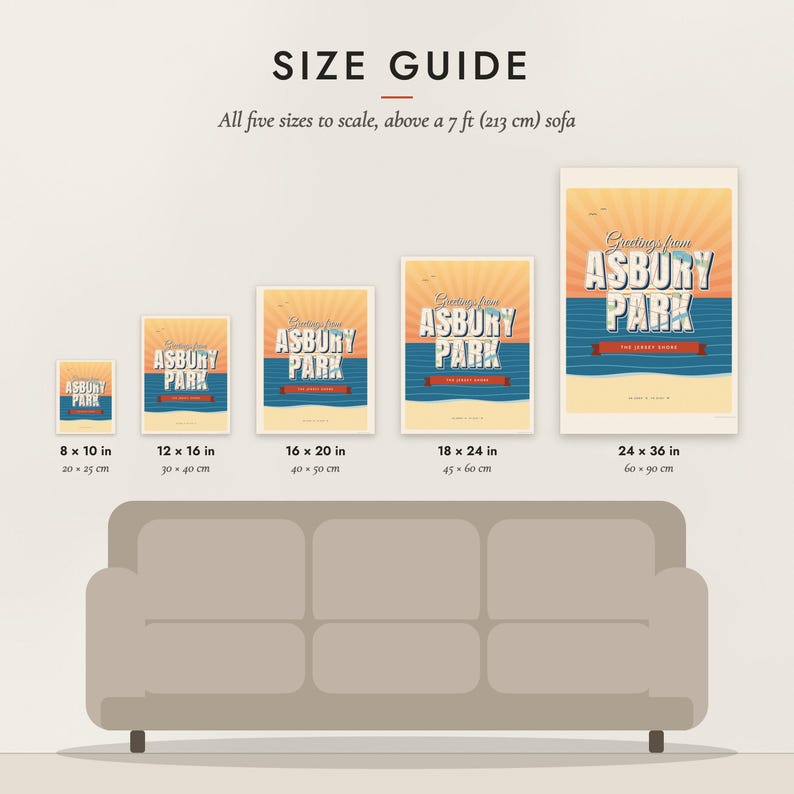 Size guide: 8×10, 12×16, 16×20, 18×24, 24×36 inch prints shown to scale above a sofa