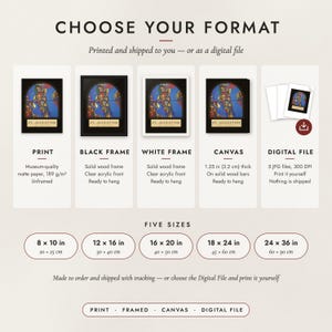 The formats to choose from: matte paper print, black frame, white frame, canvas and the digital file, with the five sizes